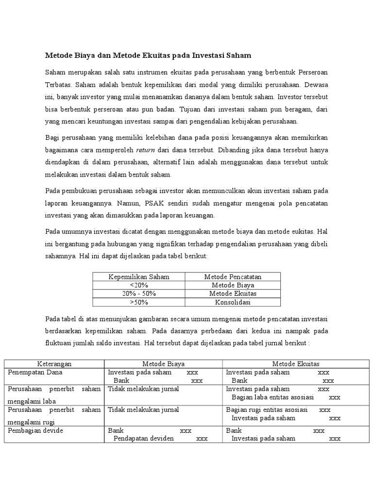 Metode Biaya Dan Metode Ekuitas Pada Investasi Saham