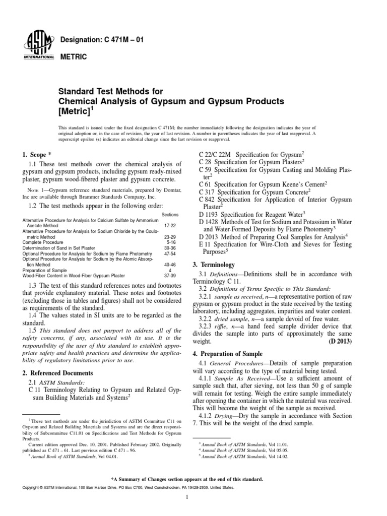 Chemical Analysis of Gypsum and Gypsum Products (Metric) Standard