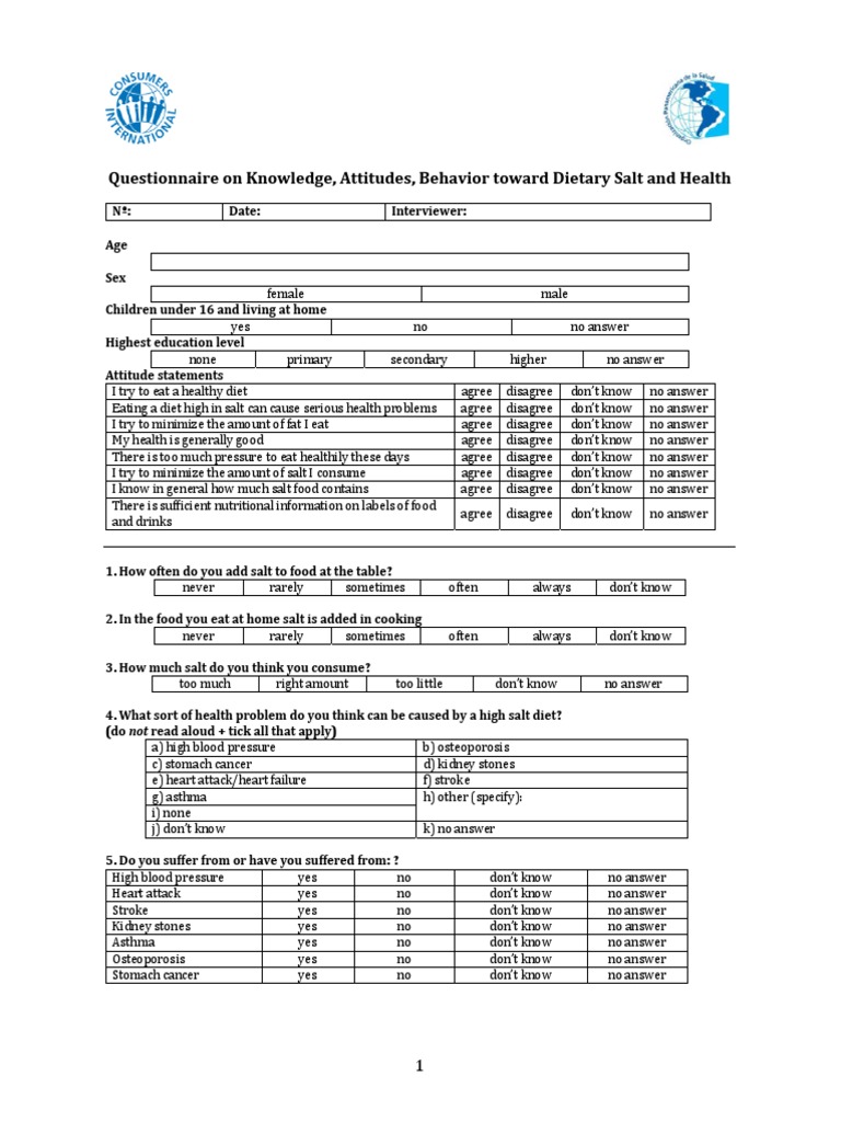 Knowledge Behaviour Questionaire Salt Eng | PDF | Salt | Nutrition ...