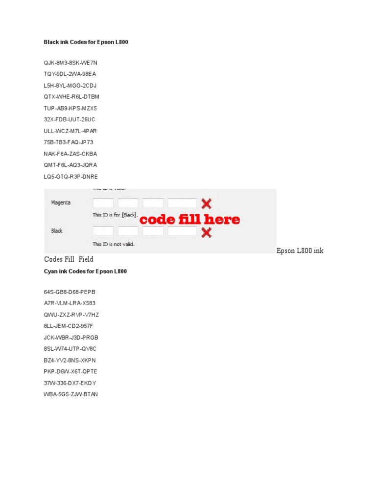 Epson L800 Ink Code Reference Guide | PDF