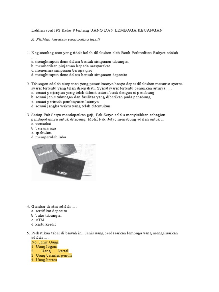 Latihan Soal Ips Kelas 9 Tentang Uang Dan Lembaga Keuangan