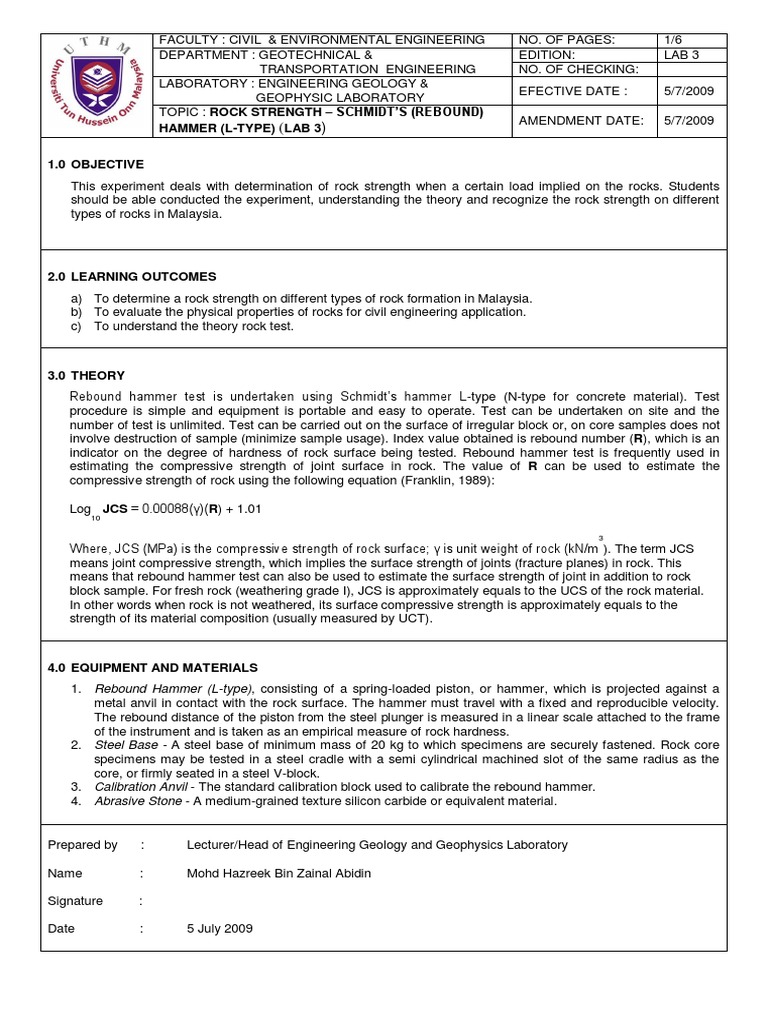 Laboratory 3 Schmidt's (Rebound) Hammer Test New PDF