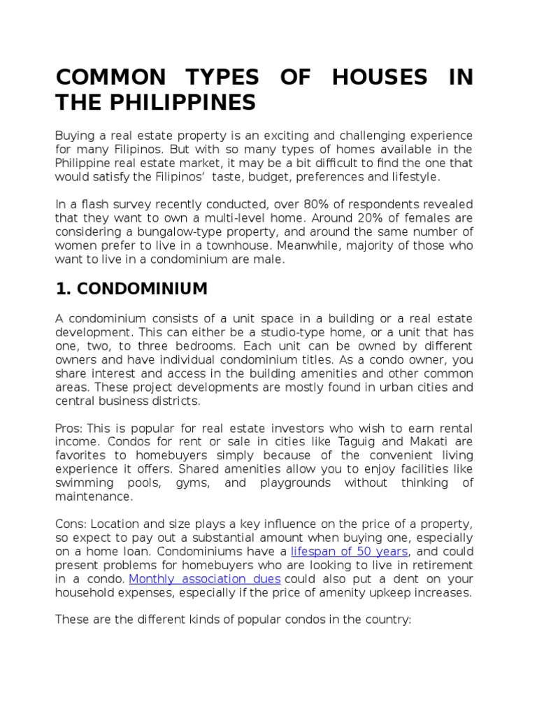 Common Types of Houses in The Philippines | PDF | Apartment | Condominium