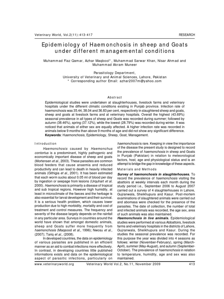 Epidemiology of Haemonchosis in Sheep and Goats Under Differ PDF | PDF ...