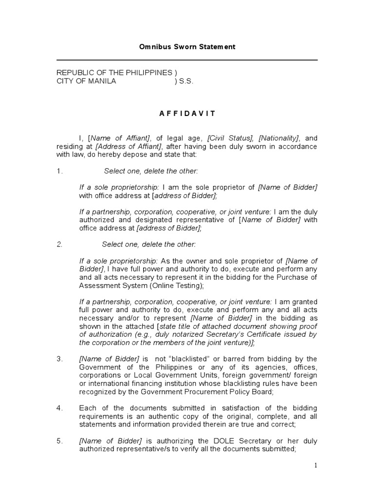 Omnibus Sworn Statement Affidavit Joint Venture