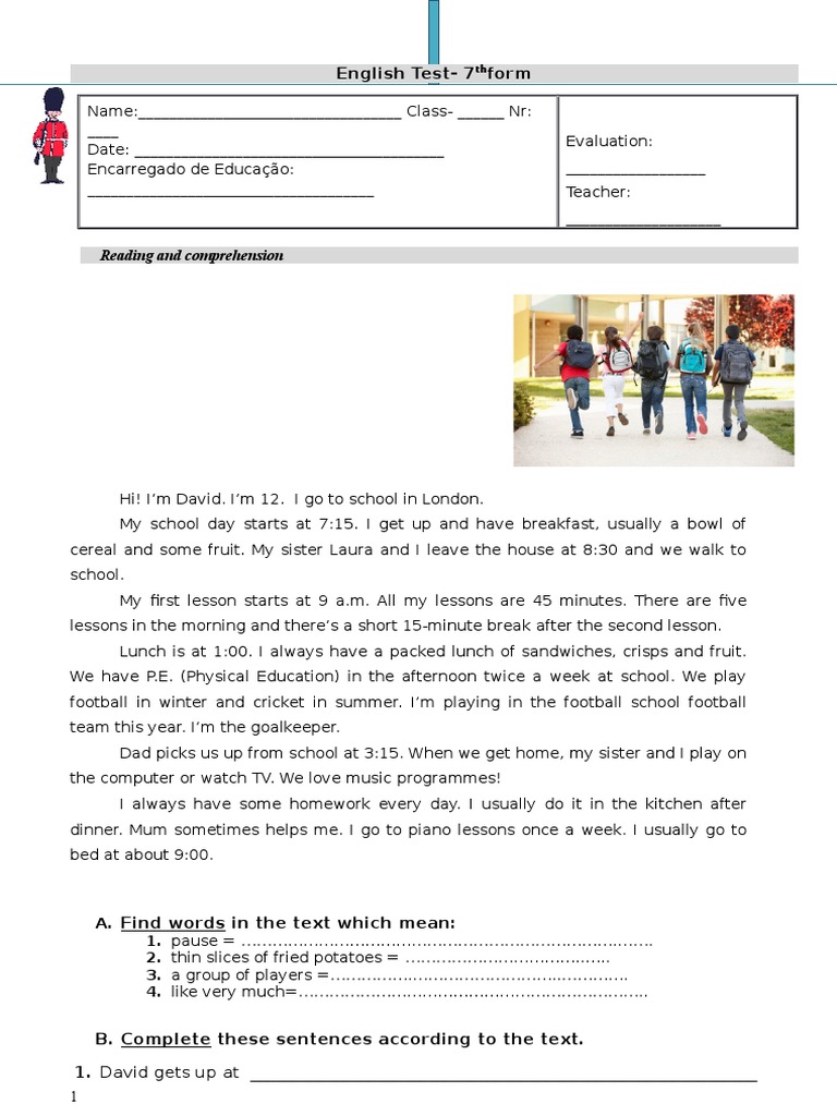 7th Grade English Test: Daily Routine | PDF | Ellipsis | Linguistics