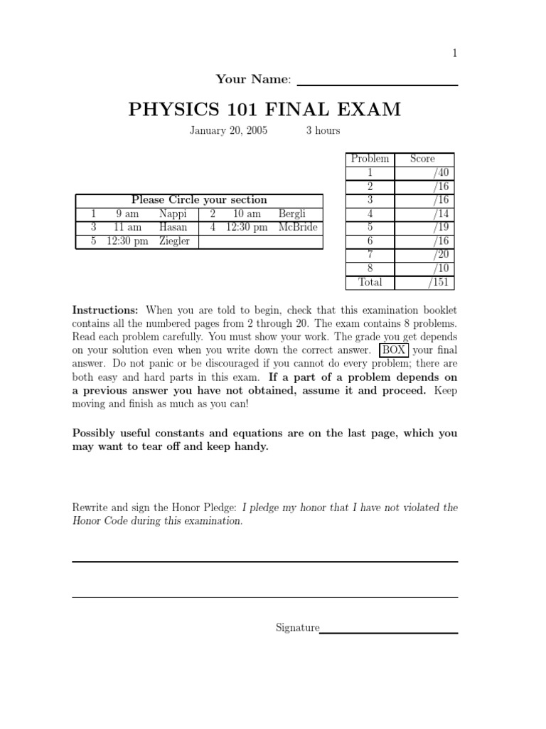 Physics 101 Final Exam Problems | PDF | Collision | Heat