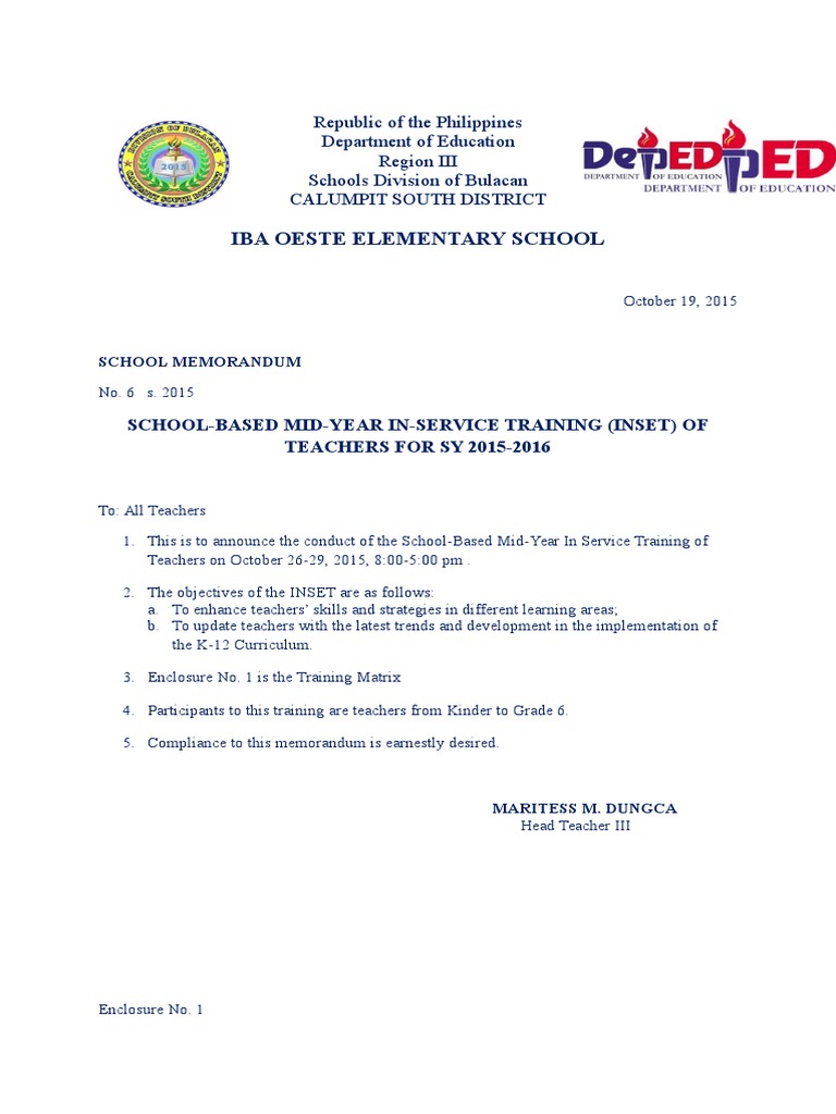 School Memo - Inset 2015 | PDF | Career & Growth | Social Science