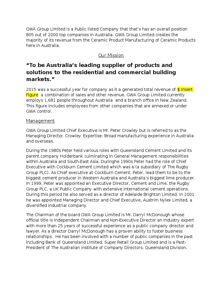 GWA Group Limited: Overview & History | PDF | Hvac | Door