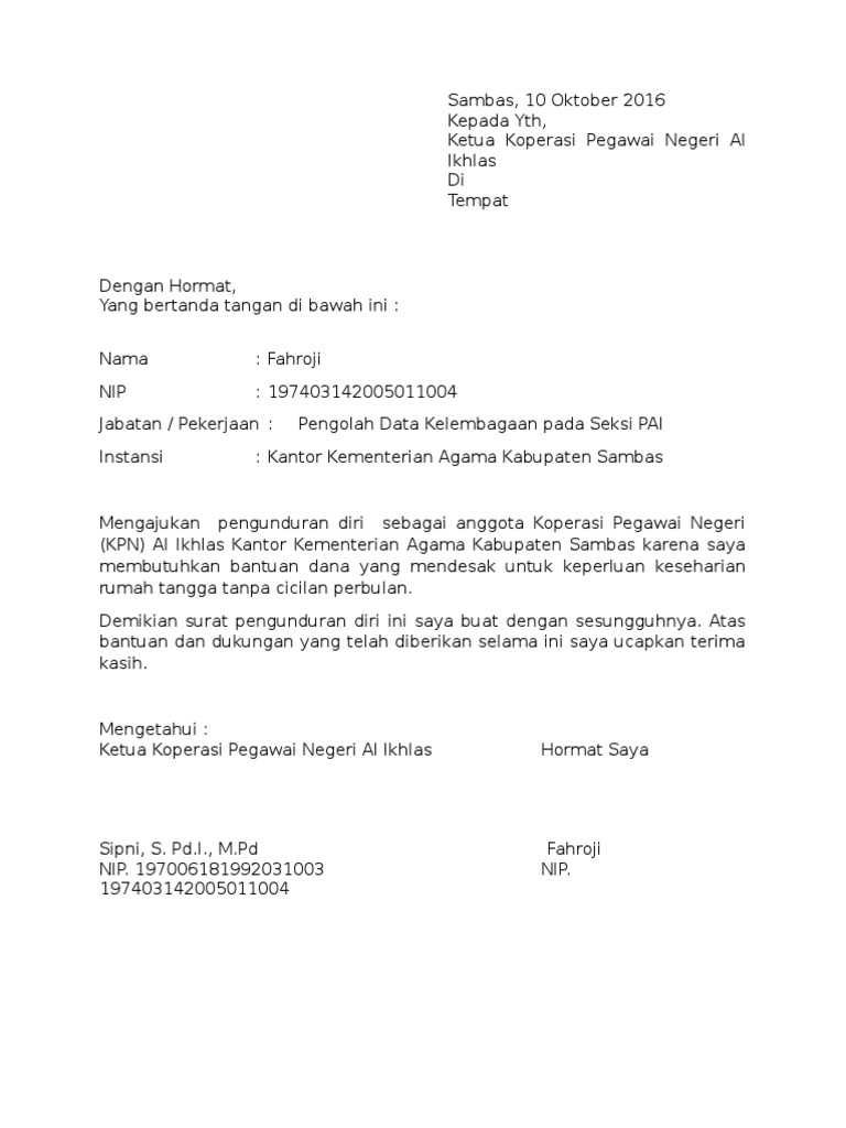 Contoh Surat Pengunduran Diri Ketua Pemuda Contoh Surat Pengunduran