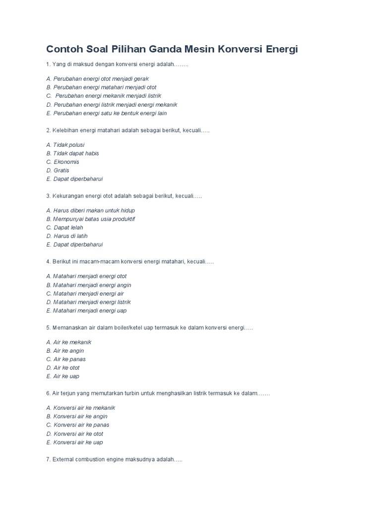 Contoh Soal Pilihan Ganda Mesin Konversi Energi