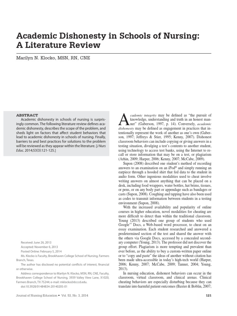 Academic Dishonesty in Schools of Nursing - A Literature Review ...