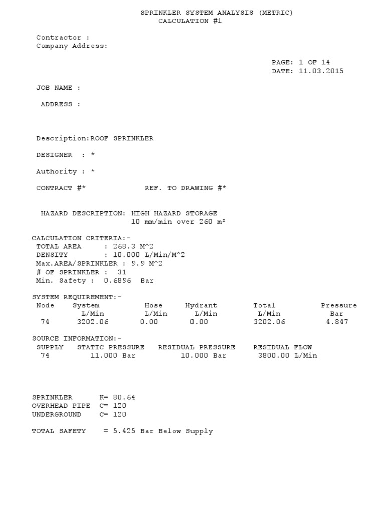 Sample of Nfpa Hydraulic Calculation PDF Fire Sprinkler System Valve