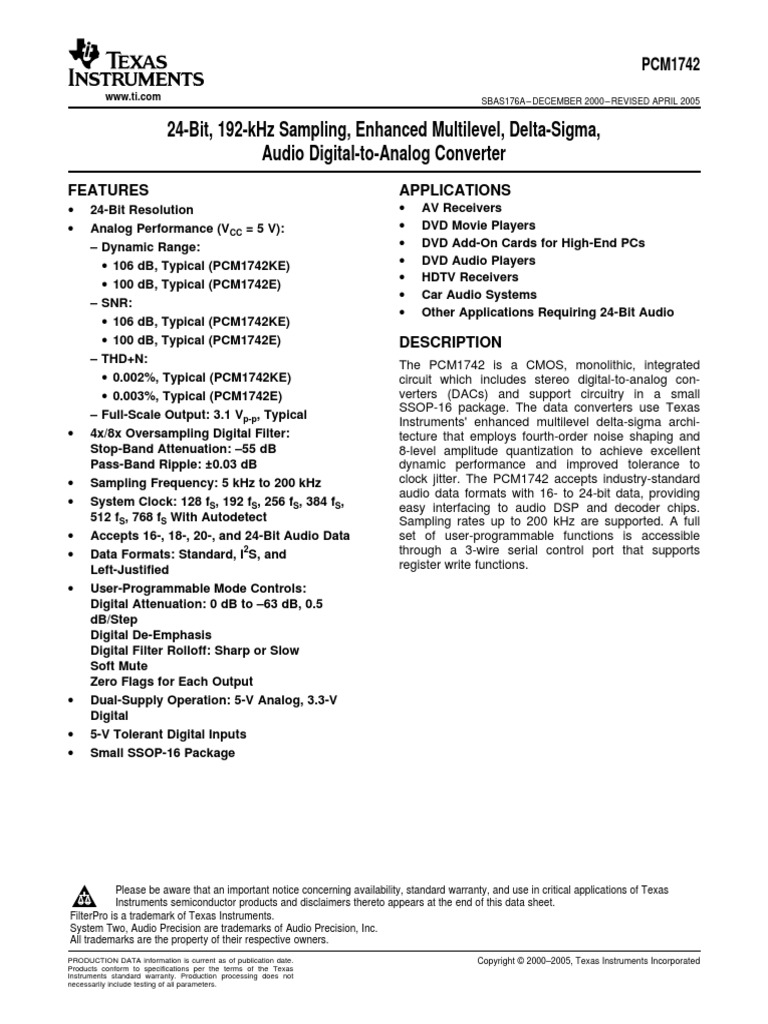 PCM 1742 | PDF | Signal To Noise Ratio | Sampling (Signal Processing)