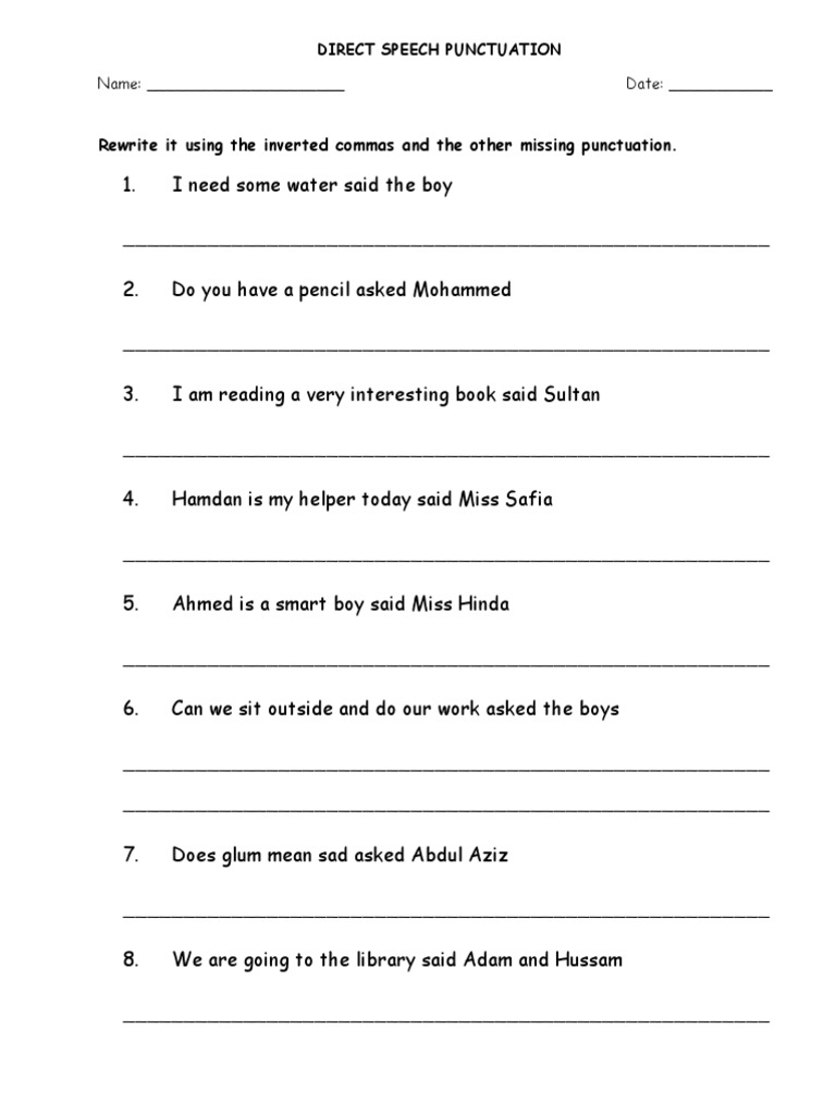 punctuating direct speech year 6 worksheet