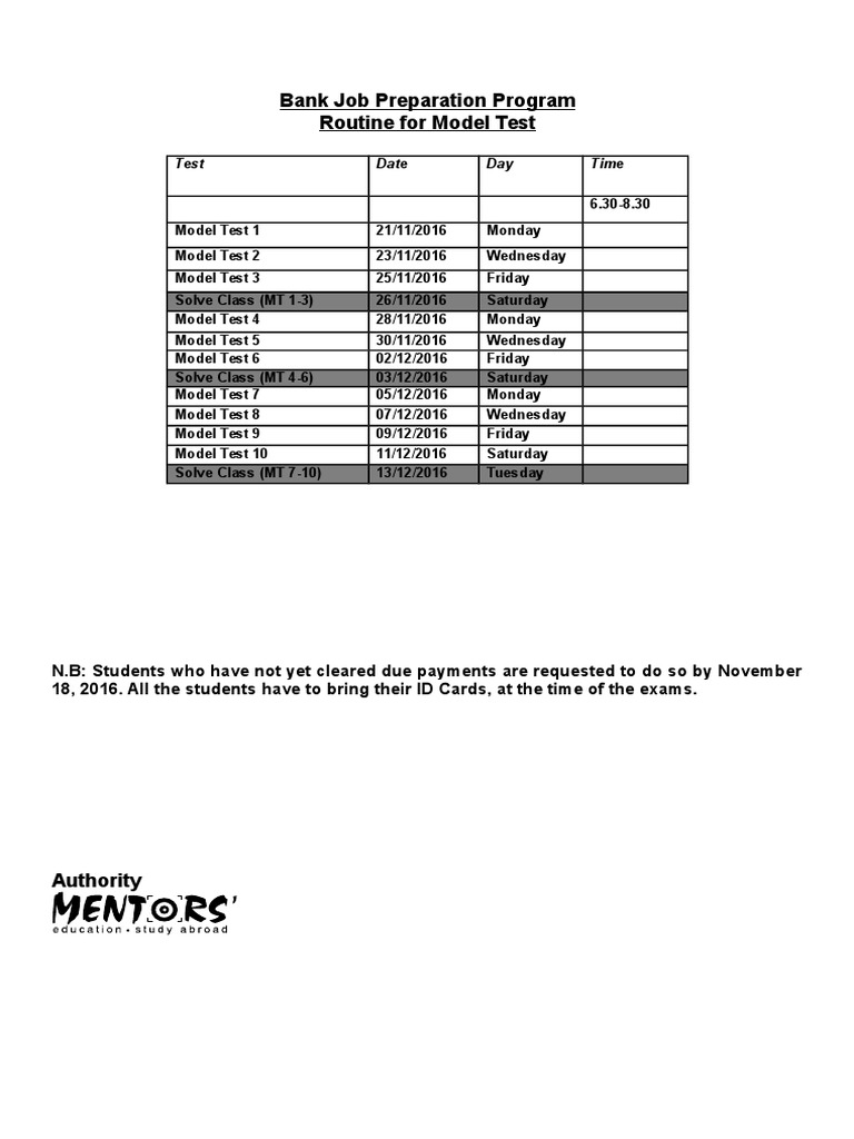 Bank Job Preparation Program Routine For Model Test: Test Date Day Time ...