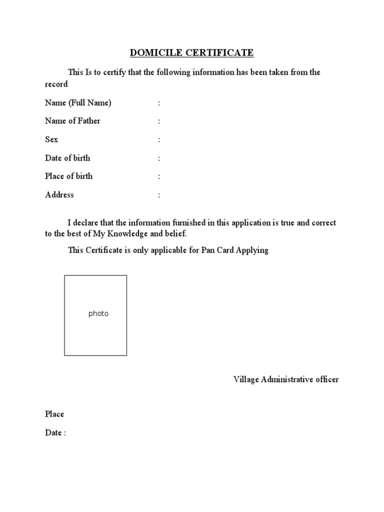 Domicile Certificate for Pan Card | PDF | Business