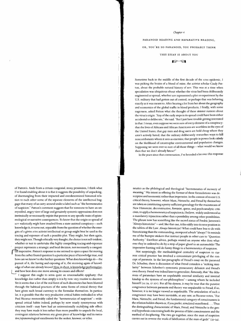 Sedgwick Paranoid Reading and Reparative Reading PDF PDF Paranoia