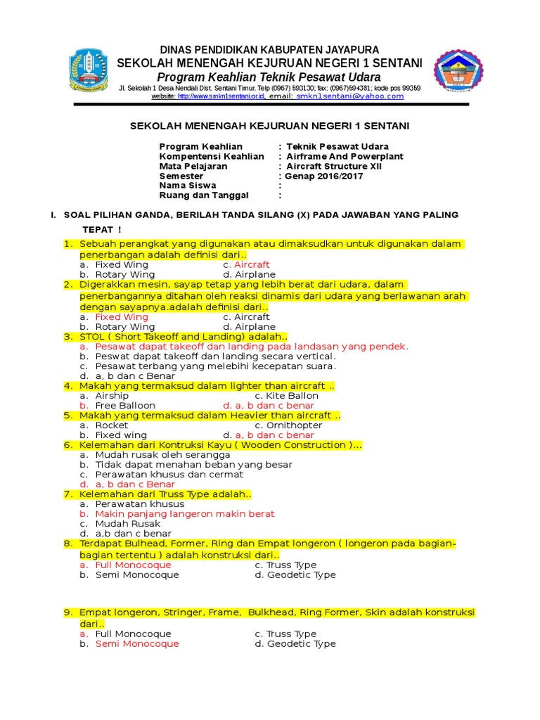 Soal Mid Aircraft Structure Xii Docx
