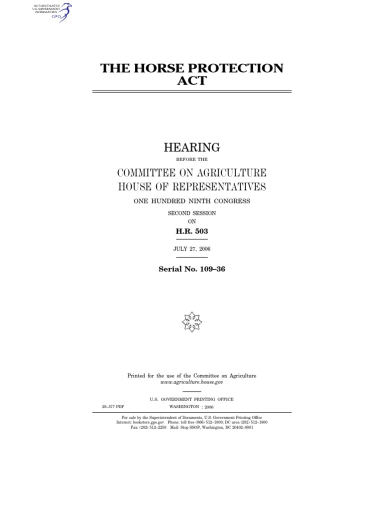 House Hearing, 109TH Congress The Horse Protection Act PDF Animal Welfare Animal Slaughter