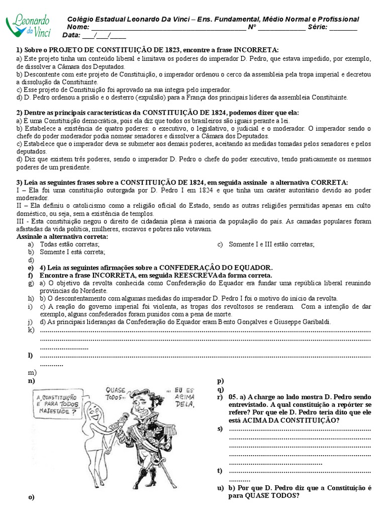 Atividades sobre o Primeiro Reinado | PDF | Brasil | Política (geral)