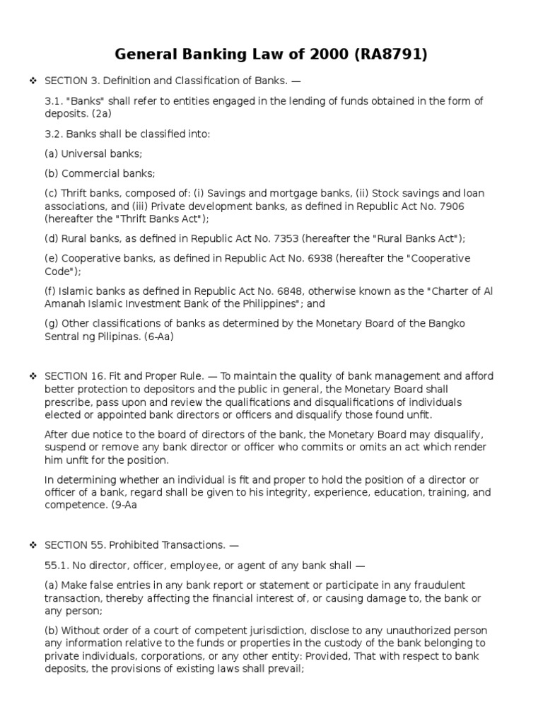 General Banking Law of 2000 (RA8791) PDF Receivership Liquidation