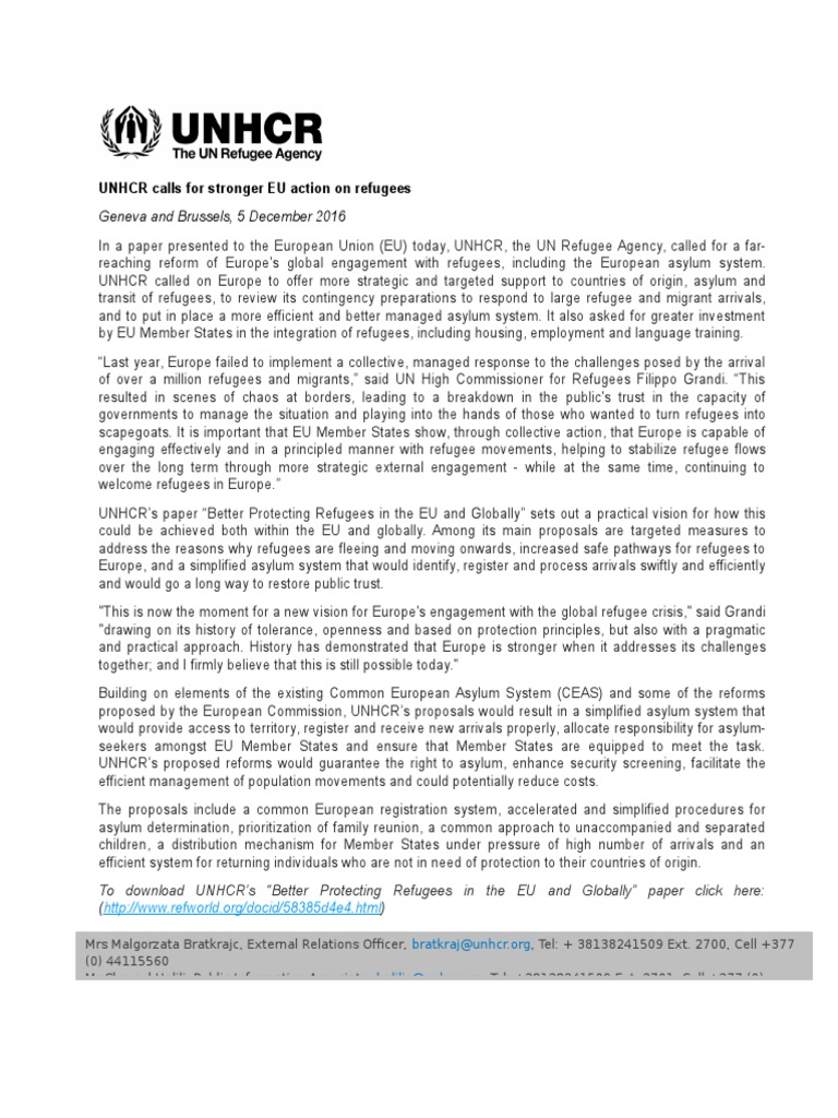 UNHCR Calls For Stronger EU Action On Refugees | PDF