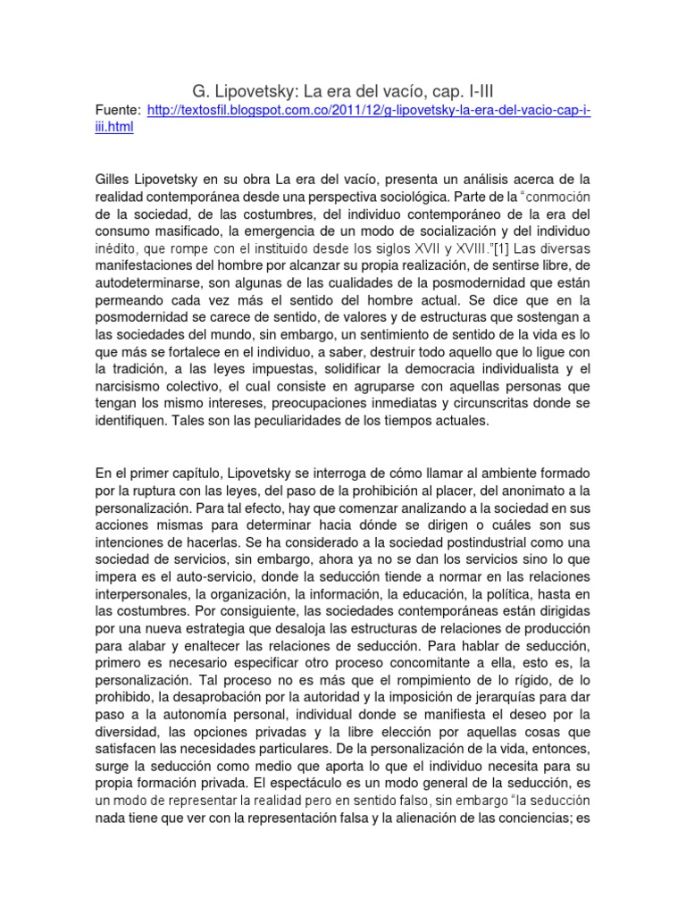 La Era Del Vacio (Análisis) Narcisismo Individualismo