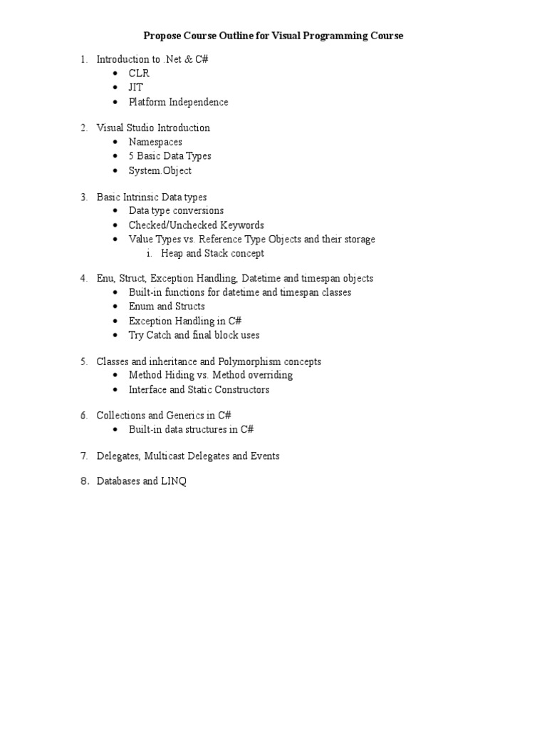 Propose Course Outline For Visual Programming Course | PDF