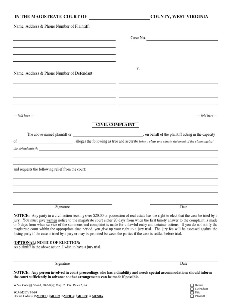 C 4 Civil - Complaint - (Sca m207) - (10 94) | PDF | Law