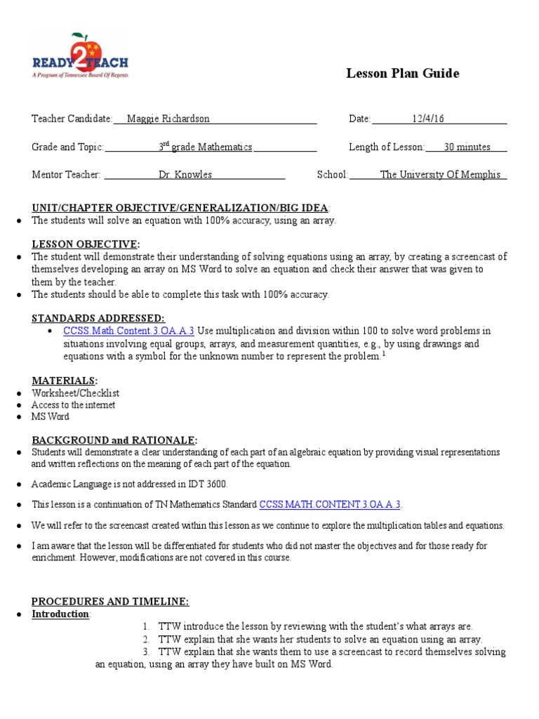 Lesson Plan Guide: Unit/Chapter Objective/Generalization/Big Idea ...