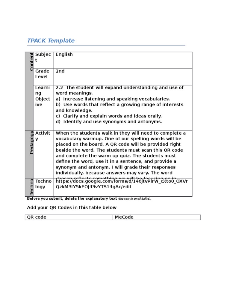 TPACK Template: T Subjec | PDF | Vocabulary | Linguistics