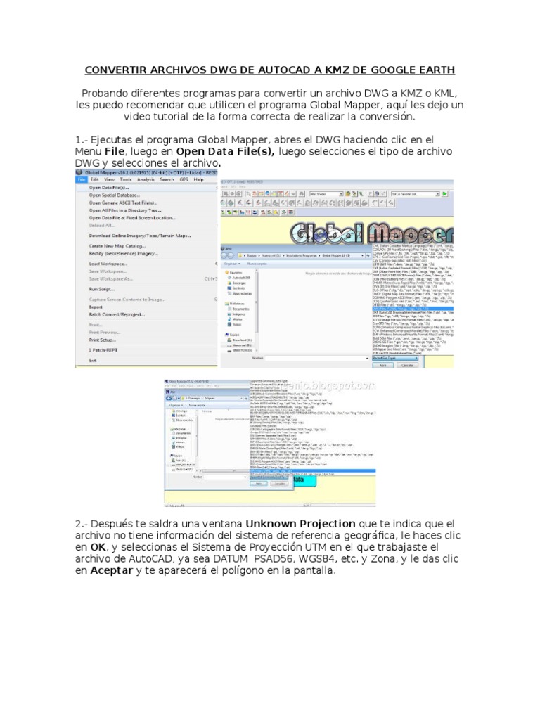 Convertir Archivos DWG de Autocad A KMZ de Google Earth PDF