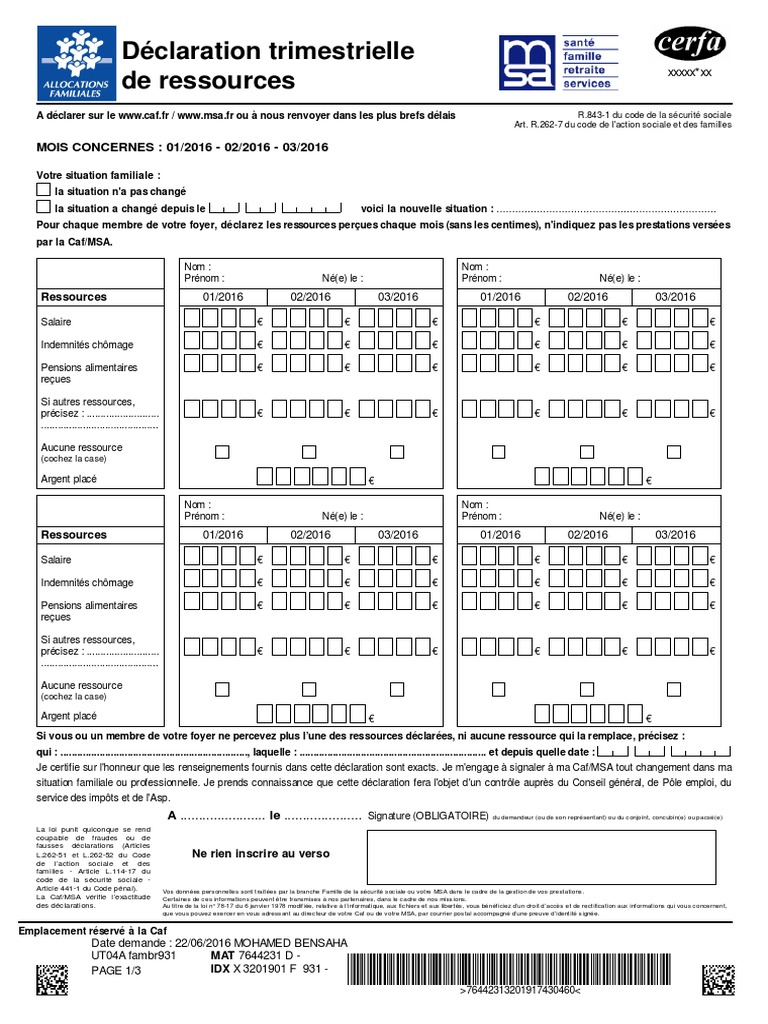 Déclaration trimestrielle de ressources CAF | PDF | Impôt sur le revenu ...