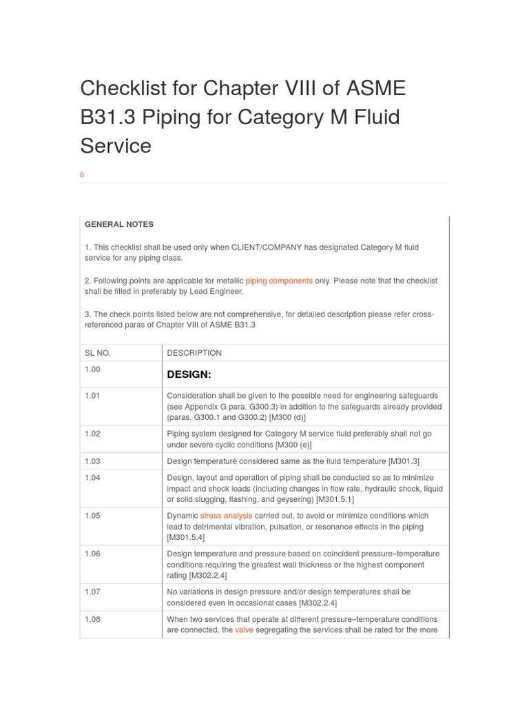 Checklist For Chapter VIII of ASME B31.3 Piping For Category M Fluid Service PDF Pipe (Fluid