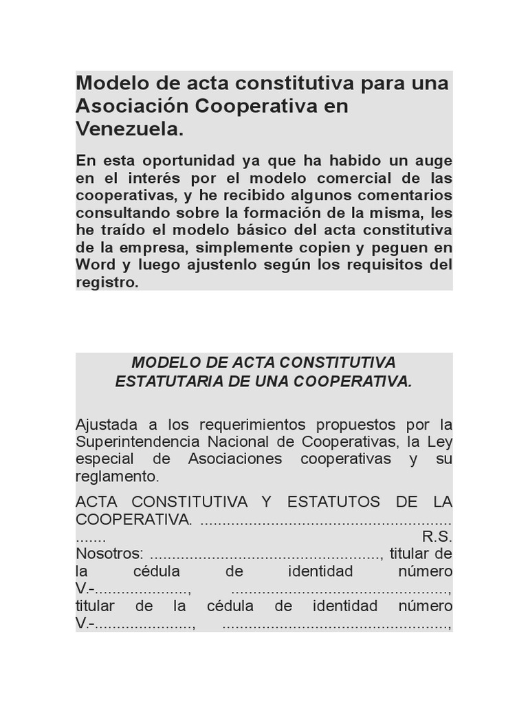 Modelo De Acta Constitutiva Para Una Asociaci n Cooperativa En 