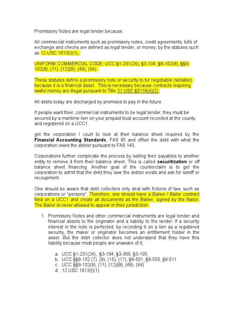 Promissory Notes Are Legal Tender Because | PDF | Promissory Note ...