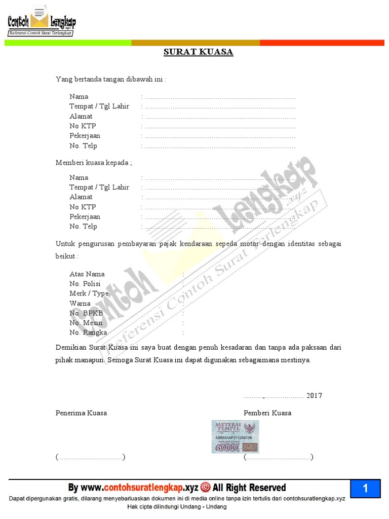 Contoh Surat Kuasa Pembayaran Pajak Motor Dan Mobil