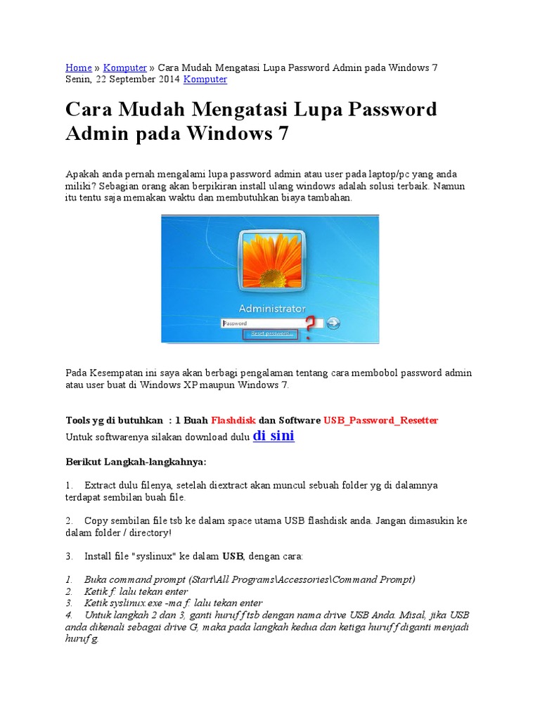 Reset Password Windows 7 Dengan Flashdisk | PDF