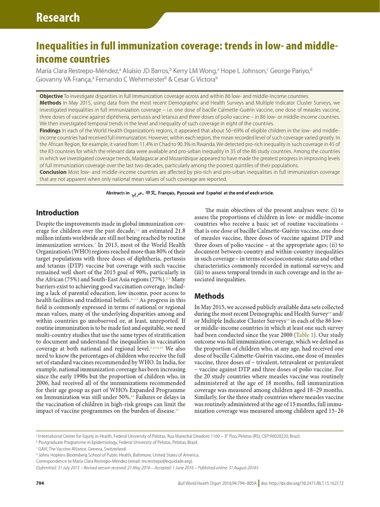Inequalities in Full Immunization Coverage: Trends in Low-And Middle ...