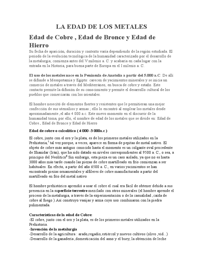 La Edad de los Metales: Cobre, Bronce y Hierro | PDF | Cobre | Edad de ...