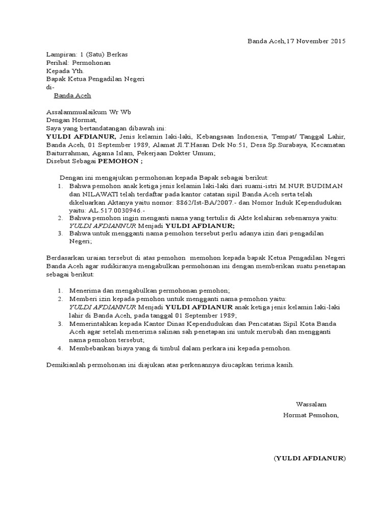 Surat Permohonan Untuk Mengganti Nama Akte Kelahiran