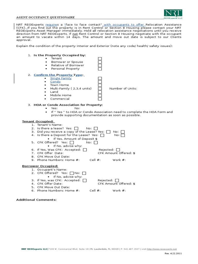 1520 Public Forms - Agent Occupancy Questionnaire | PDF | Career & Growth