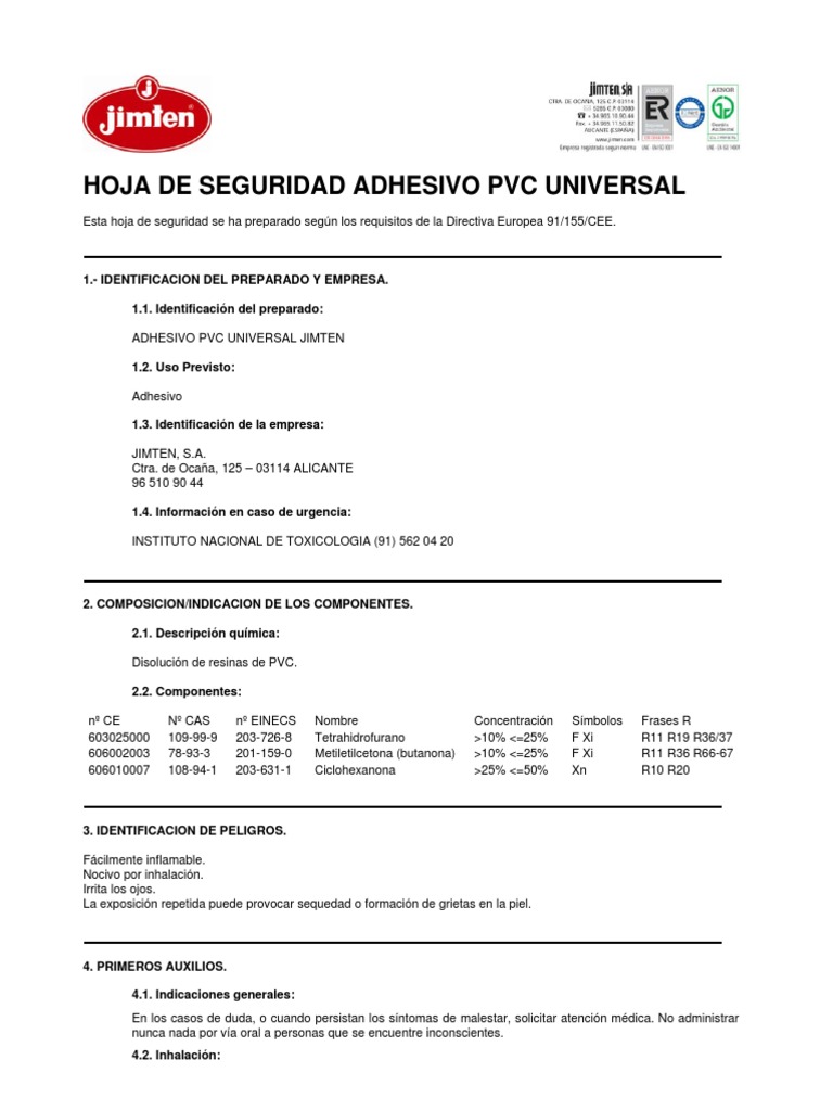 Msds Pegamento Pvc