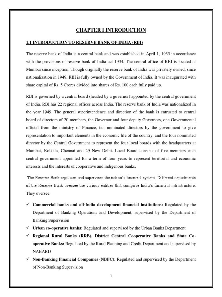 Chapter I Introduction: 1.1 Introduction To Reserve Bank of India (Rbi ...