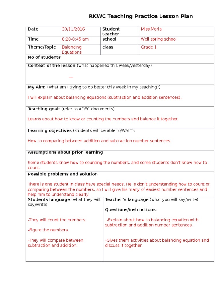RKWC Teaching Practice Lesson Plan: Say/write) | PDF | Lesson Plan ...