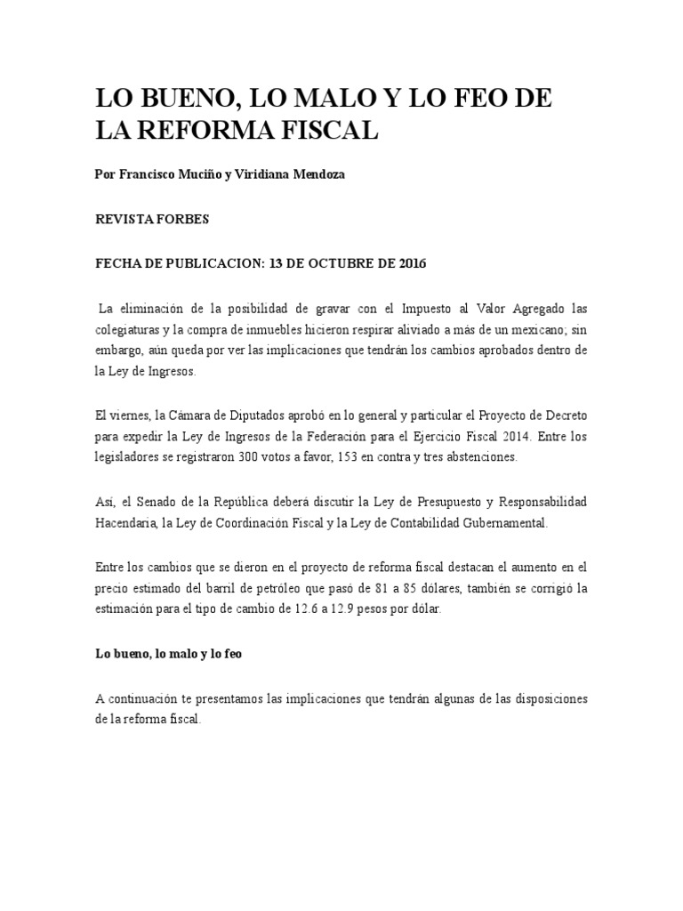 Lo Bueno y Lo Malo de La Reforma Fiscal 2014 | PDF | Balance ...