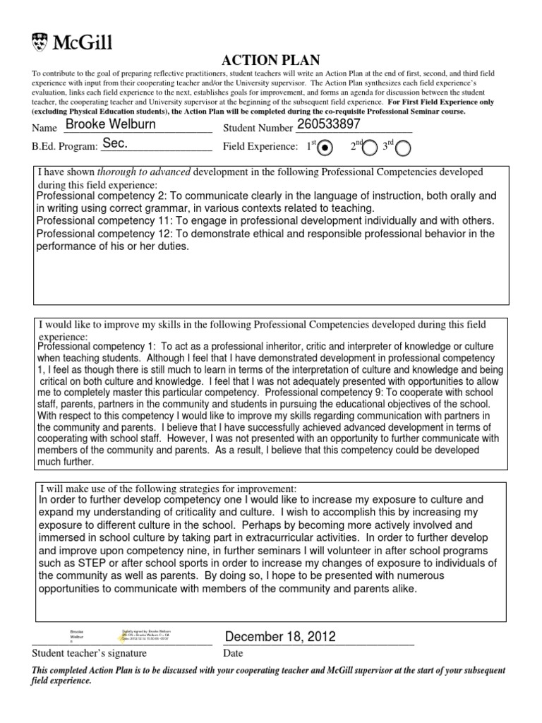 Student Teacher Action Plan Template | PDF | Competence (Human ...