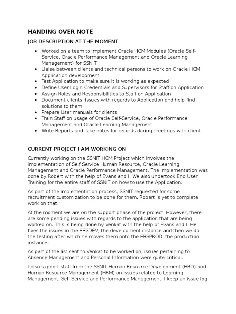 Handing Over Note Software Development Computing