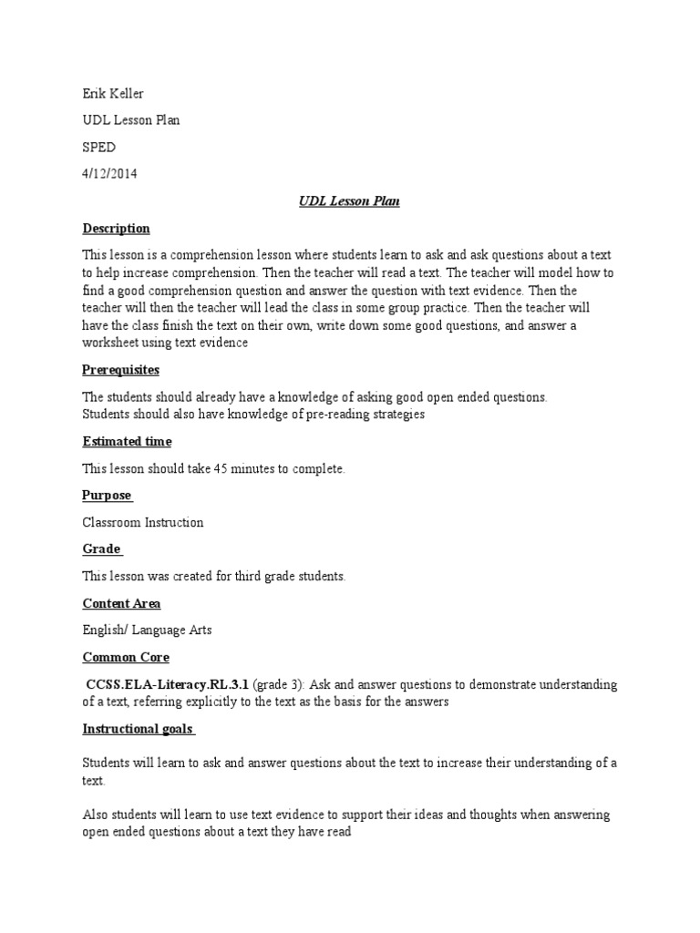 UDL Comprehension Lesson Plan | PDF | Educational Assessment | Reading ...